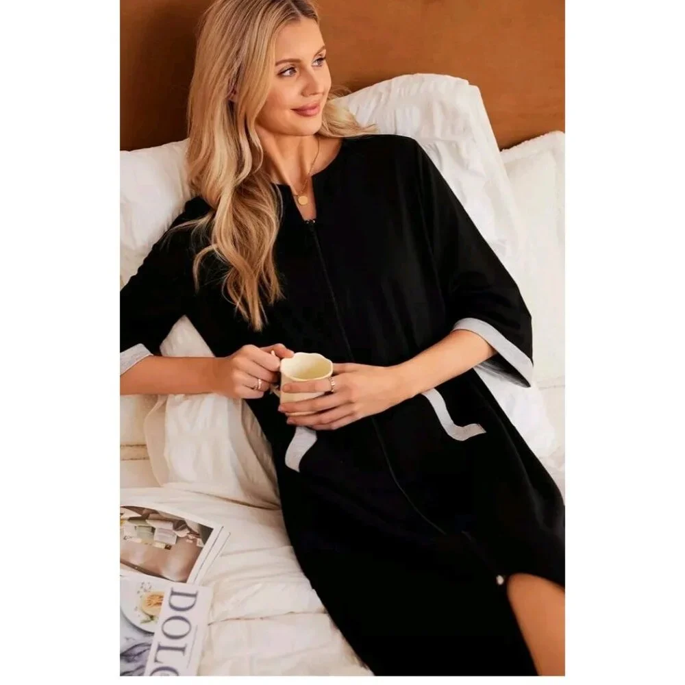 Ekouaer Women XL Zipper Robe 3/4 Sleeve Loungewear Full Length Duster Black Gray - Picture 2 of 7